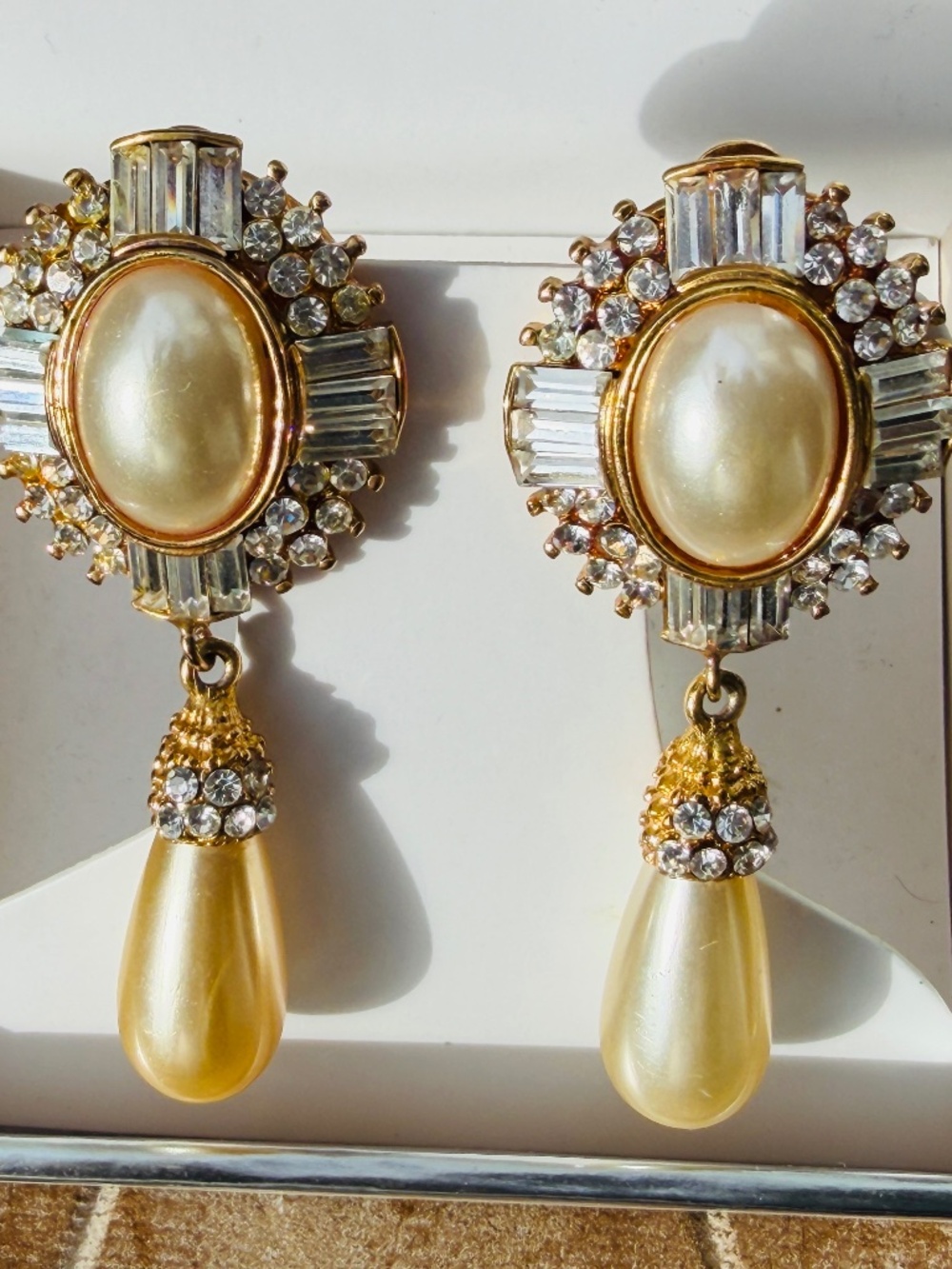 Vintage Christian Dior-like glass pearl and crystal dangle drop clip-on earrings